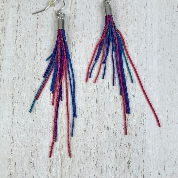 Colorful Chain Link Fringe Earrings Purple Teal Pink Red Blue Festival Boho NWOT - Picture 5 of 16